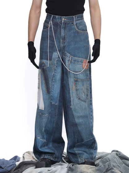 Patch 3D Print Color Block Wide Leg Denim Jeans WN18683