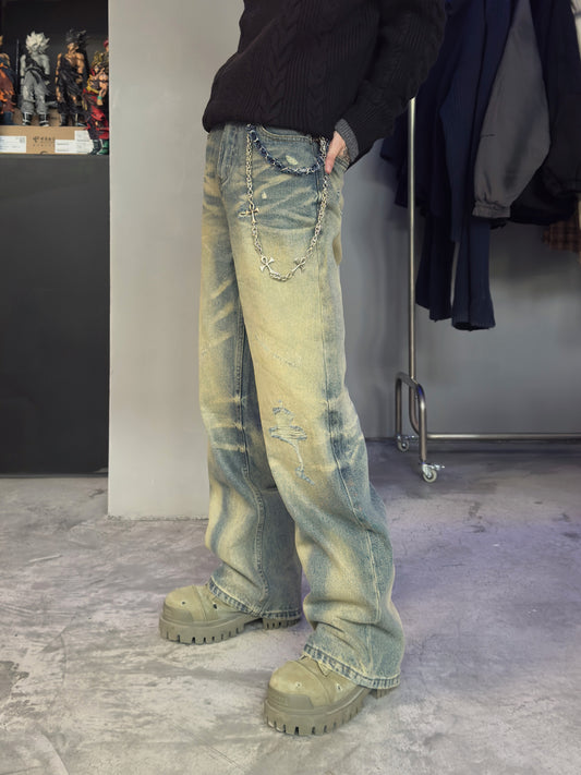 Washed Damage Straight Leg Denim Jeans WN22954