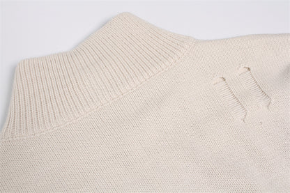 Damage Zipper Stand Neck Knit Cardigan WN11157