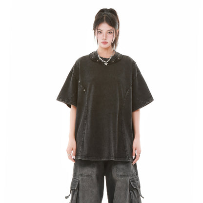 Heavy Washed Fade Stitching Short Sleeve T-Shirt WN25671