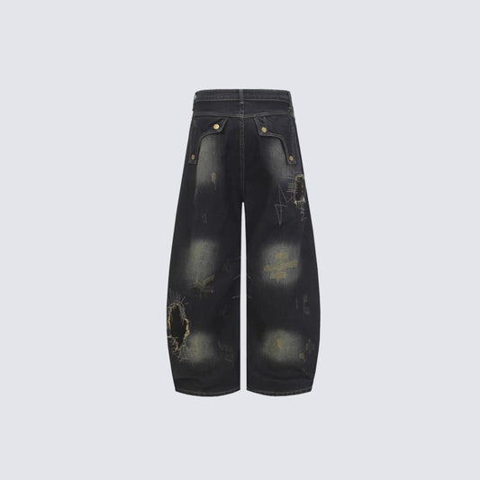 Damage Paint Graphic Wide Leg Denim Jeans WN28083