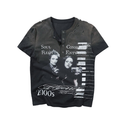 Portrait Print Damage Henley Neck Short Sleeve T-Shirt WN27449