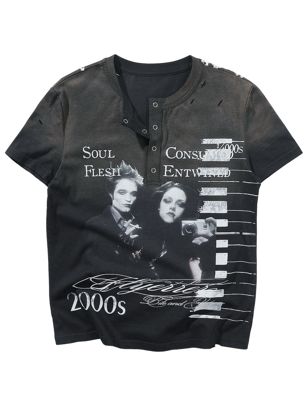 Portrait Print Damage Henley Neck Short Sleeve T-Shirt WN27449