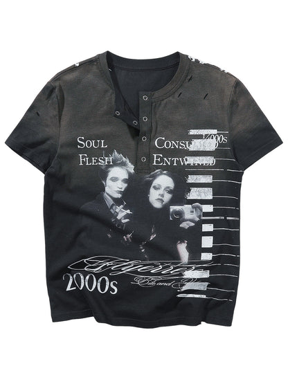 Portrait Print Damage Henley Neck Short Sleeve T-Shirt WN27449