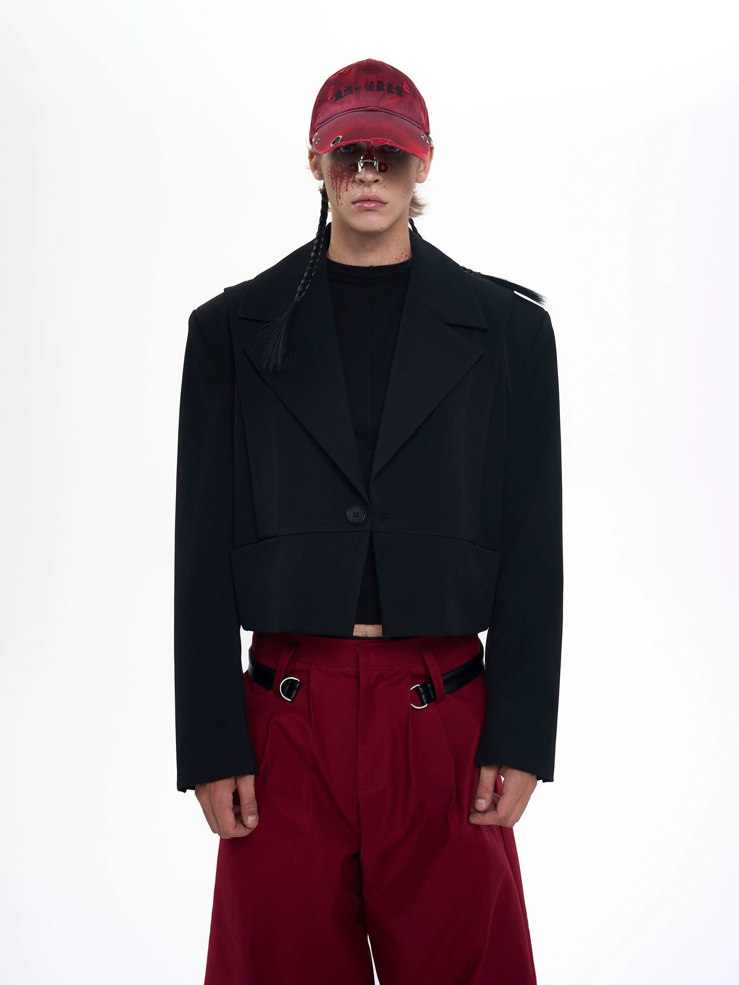 Mix PU Leather Embroidery Shoulder-Pad Tailored Jacket WN20384