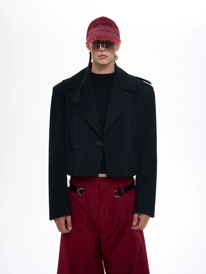 Mix PU Leather Embroidery Shoulder-Pad Tailored Jacket WN20384