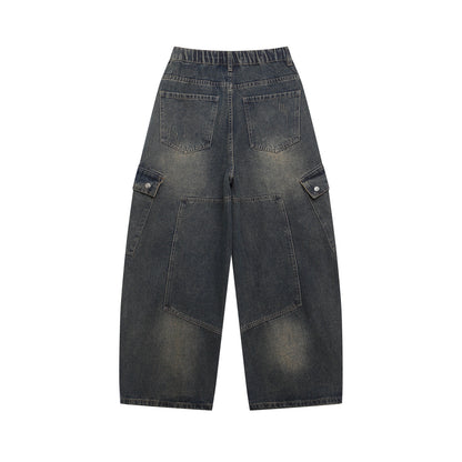 Wide Leg Multi-Pocket Washed Cargo Denim Jeans WN26925