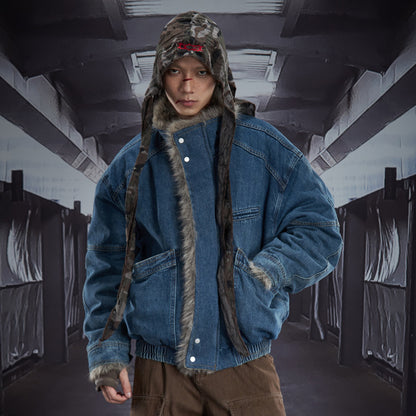 Denim Patchwork Eagle Patch Fake Fur Padded Jacket WN22913