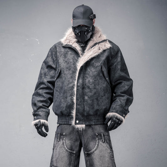 Fake Fur Collar Structural Suede Jacket WN22472