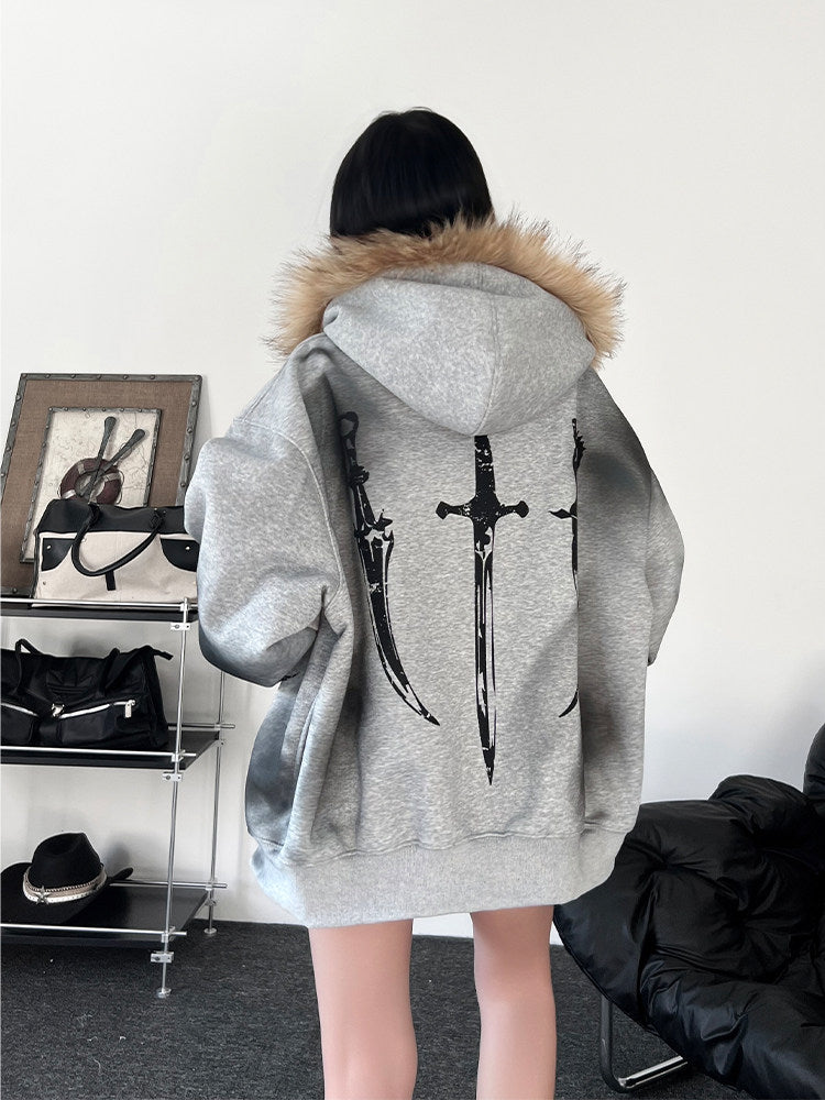 Fake Fur Collar Graphic Print Oversize Zipper Hoodie WN24193
