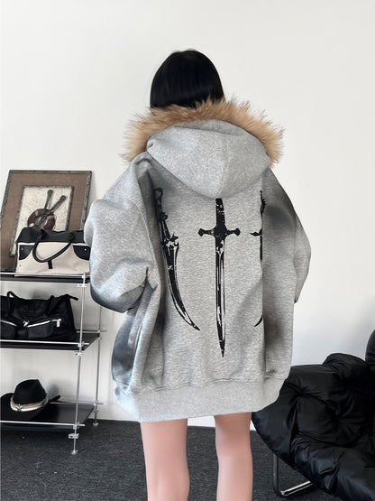 Fake Fur Collar Graphic Print Oversize Zipper Hoodie WN24193