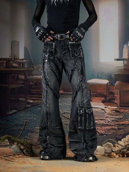 Deconstruction Pleats Fringe Multi-Pocket Flare Cargo Denim Jeans WN21363