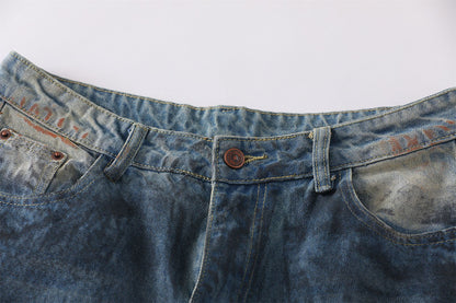 Dirty Dye Damage Design Wide-Leg Denim Jeans WN15087