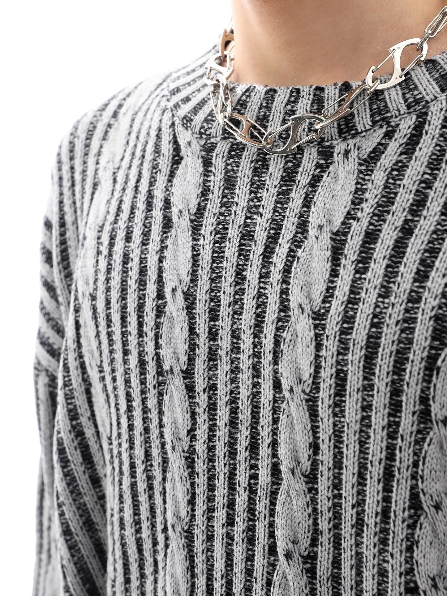 Cable Stripe Round Neck Oversize Knit Sweater WN10275