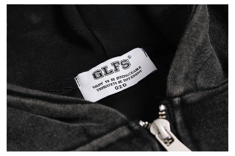 Washed Letter Print Zipper Hoodie WN26512