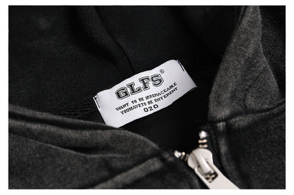 Washed Letter Print Zipper Hoodie WN26512