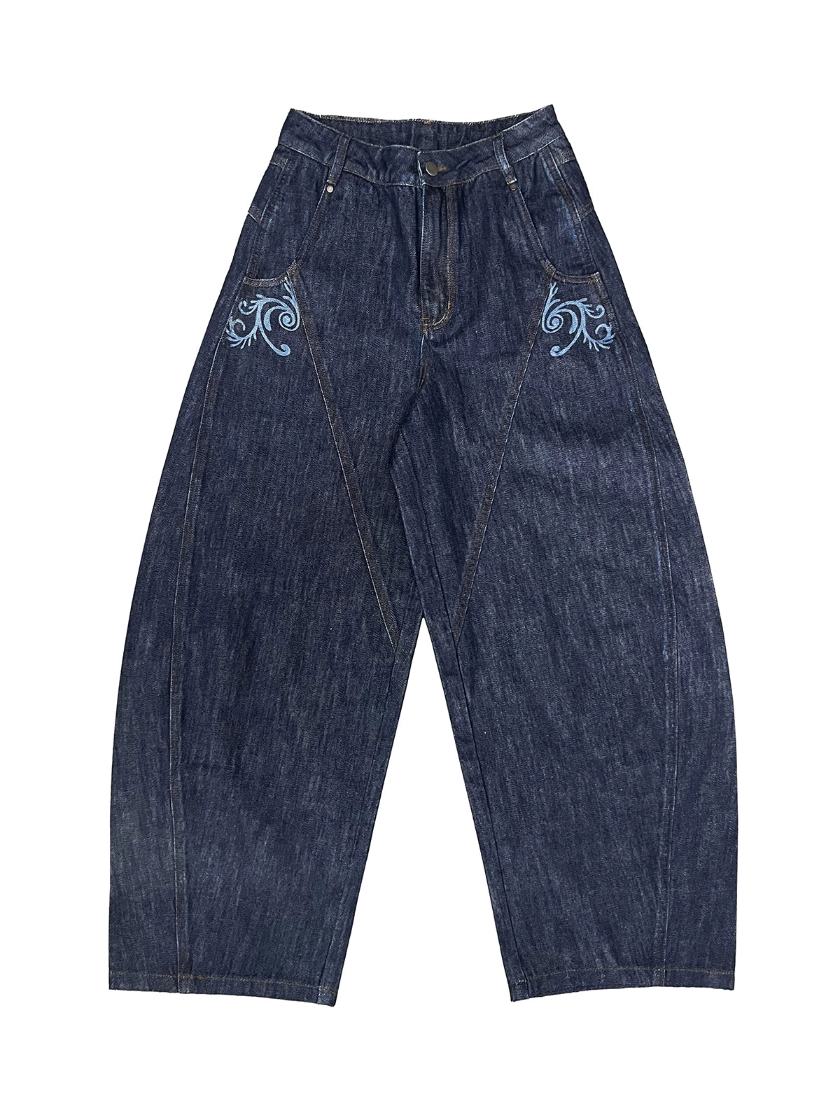 Flower Embroidery Curved Blade Denim Jeans WN18970