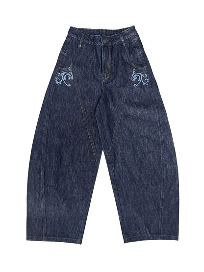 Flower Embroidery Curved Blade Denim Jeans WN18970