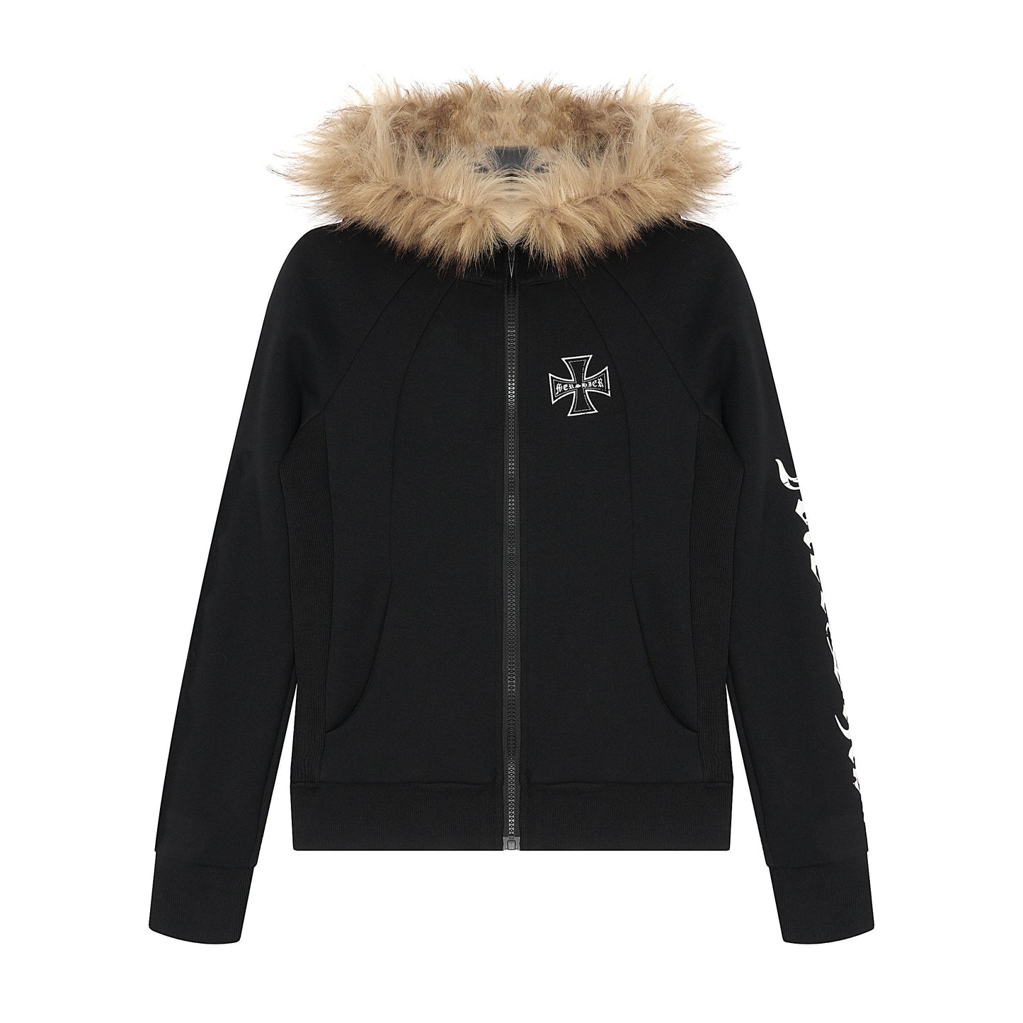 Fake Fur Collar Cross Print Hoodie WN24177