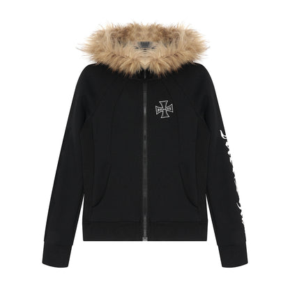 Fake Fur Collar Cross Print Hoodie WN24177