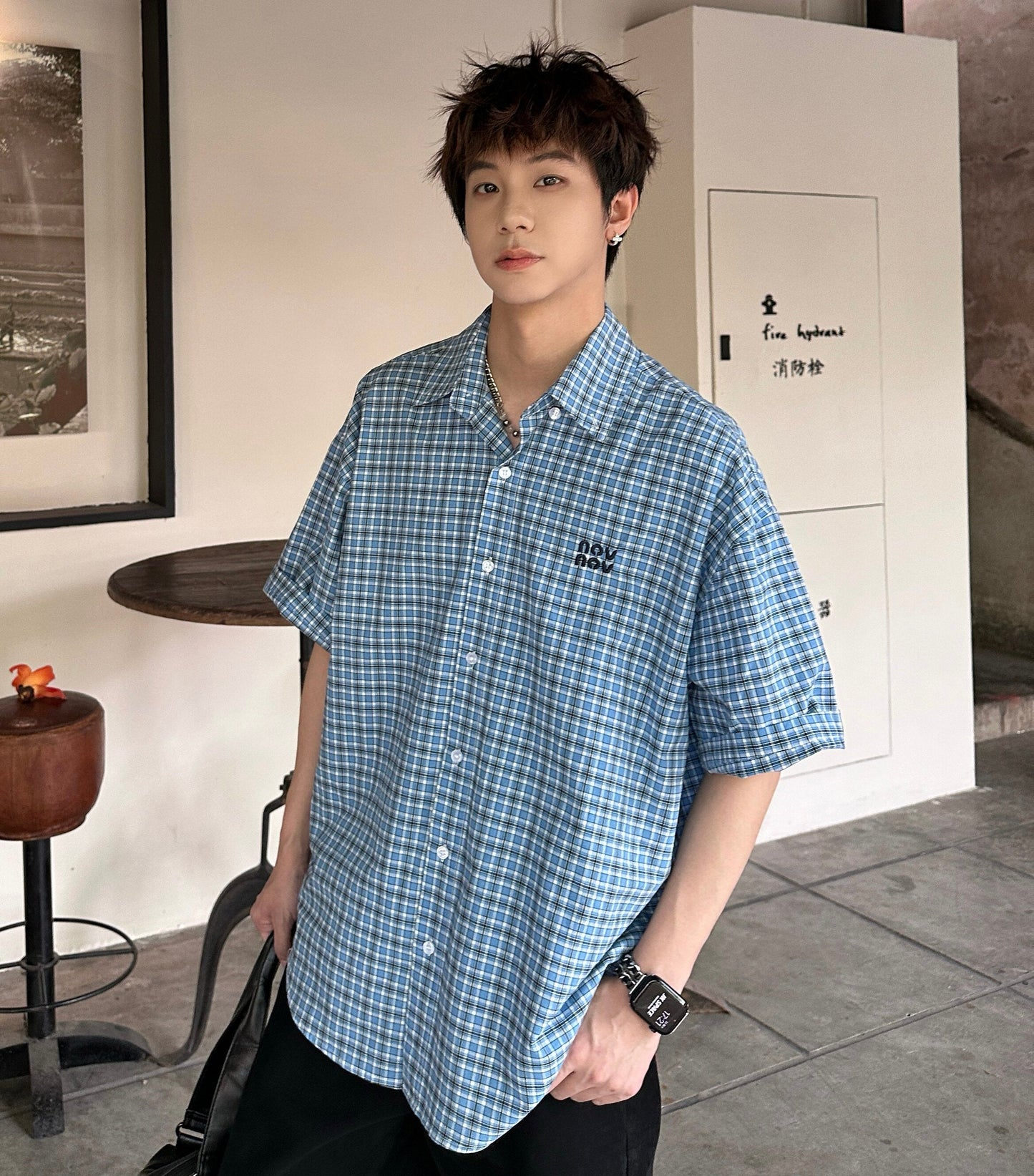 Plaid Embroidery Oversize Short Sleeve Shirt WN25229