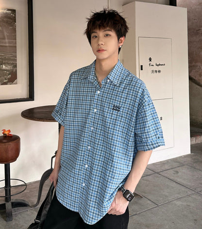Plaid Embroidery Oversize Short Sleeve Shirt WN25229