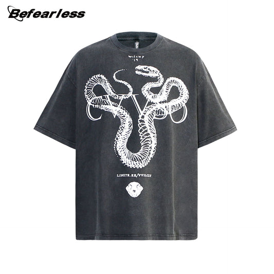 Washed Snake Skeleton Graphic Oversize Short Sleeve T-Shirt WN26408