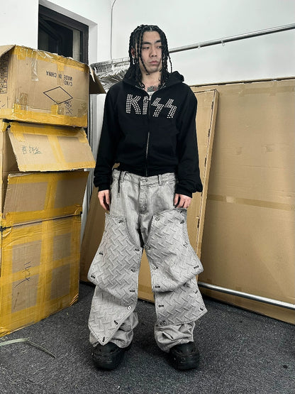 Steel Plate 3D Print Double Knee Detachable Deconstructed Denim Jeans WN18097