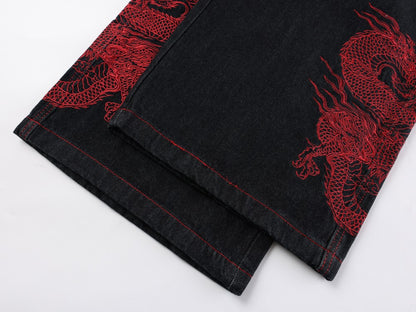Dragon Embroidery Wide Leg Denim Jeans WN27934