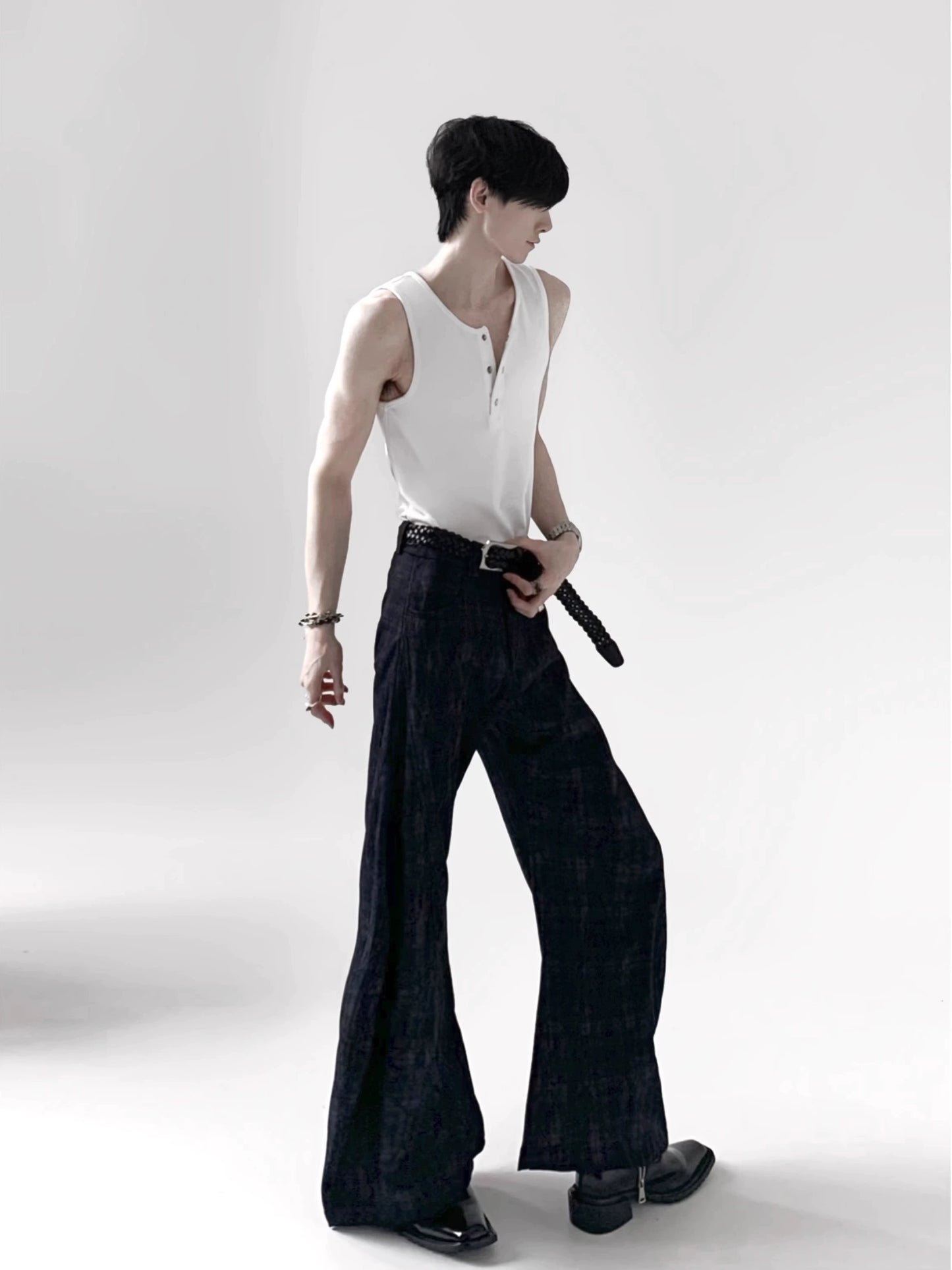 Textured Curved Wide Leg Pants WN20347