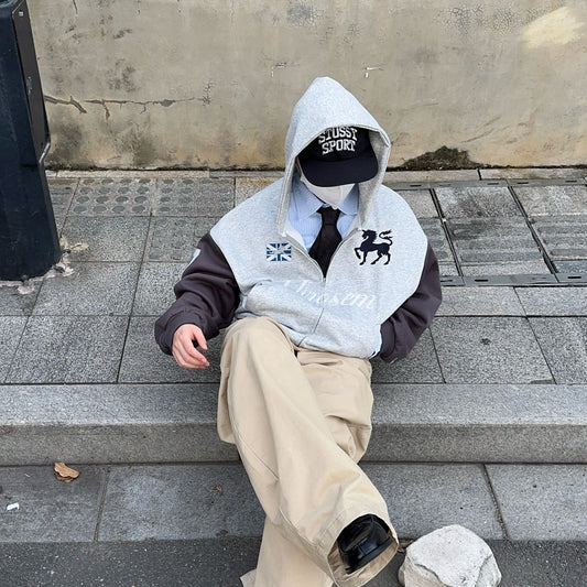 Patchwork Embroidery Oversize Zipper Hoodie WN24405