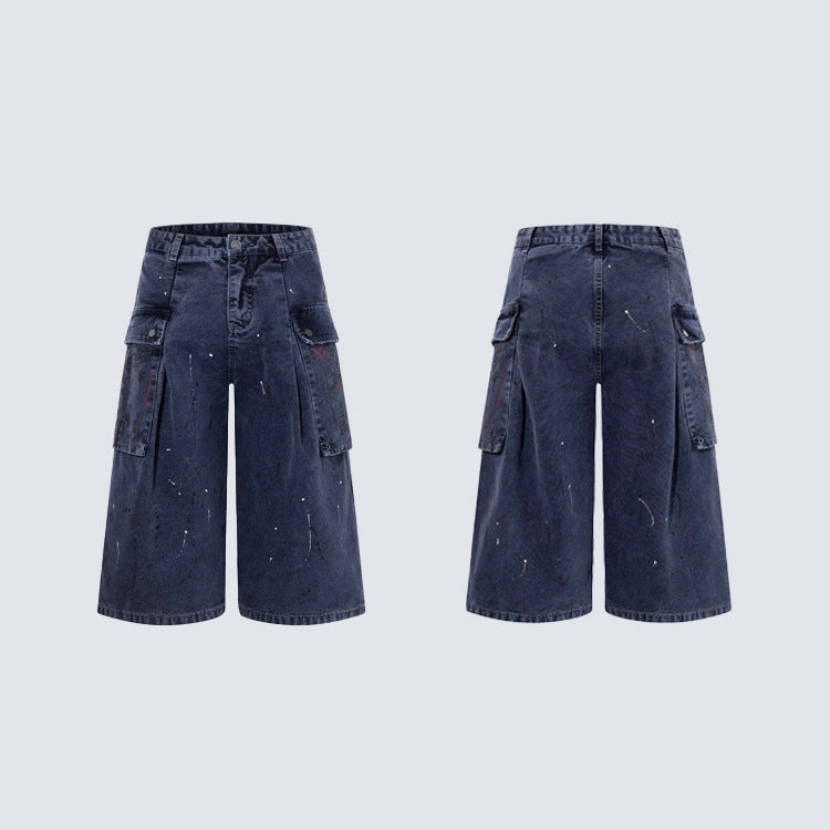 Denim Paint Splatter Multi-Pocket Wide Leg Half Pants WN27938