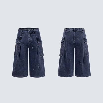 Denim Paint Splatter Multi-Pocket Wide Leg Half Pants WN27938