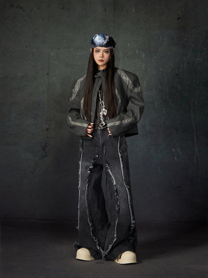 Frayed Studs Washed Wide-leg Denim Jeans WN15217