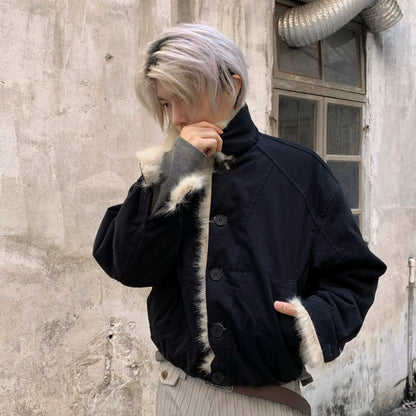 Deconstructed Washed Fake Fur-Collar Front Button Jacket WN22202