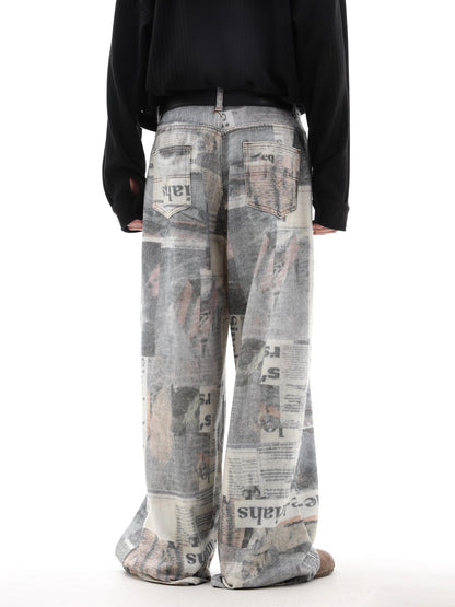 Newspaper Print Wide-Leg Straight Pants WN10510