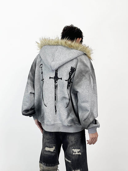 Fake Fur Collar Heavyweight Oversize Zipper Hoodie WN24276