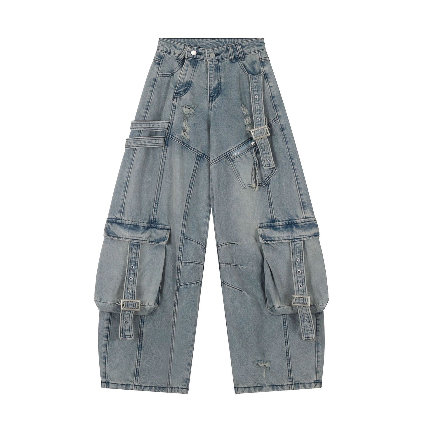 Washed Curved Multi Pocket Wide Leg Cargo Denim Jeans WN25736