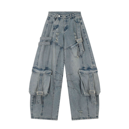 Washed Curved Multi Pocket Wide Leg Cargo Denim Jeans WN25736