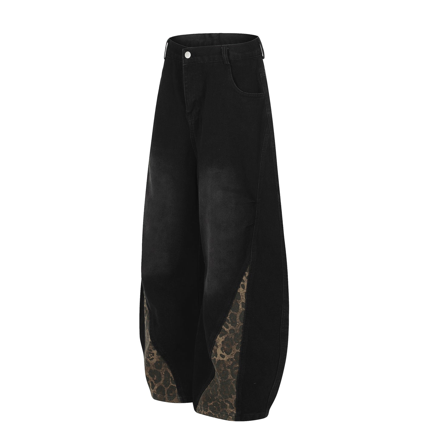 Washed Leopard Panel Curved Denim Jeans WN25514