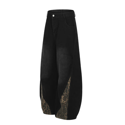 Washed Leopard Panel Curved Denim Jeans WN25514