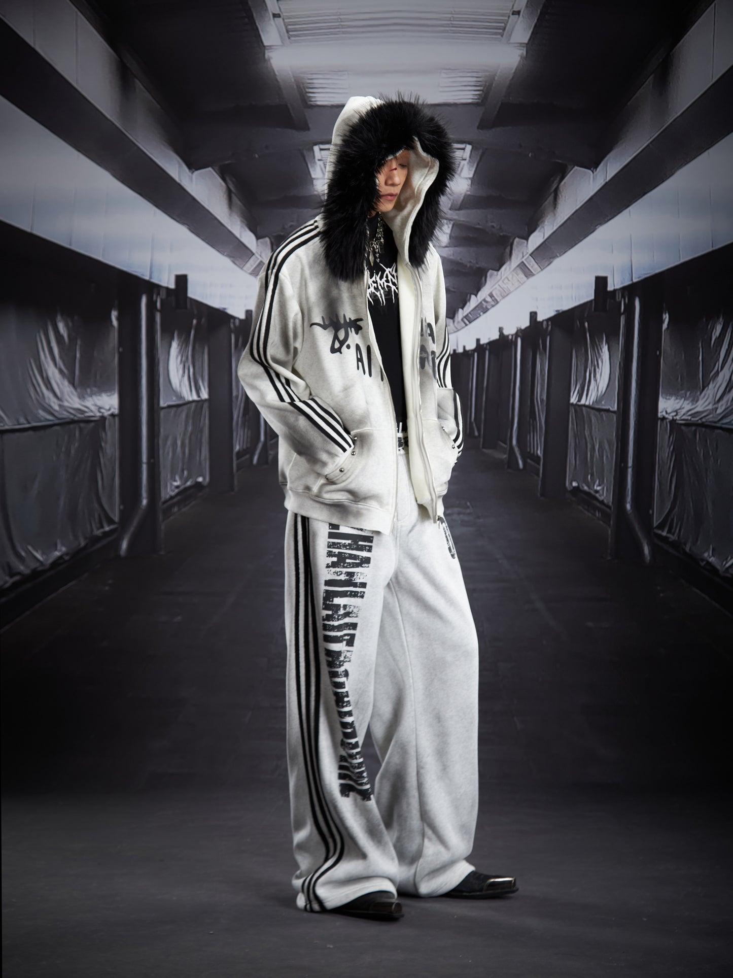 Print Fake Fur Zipper Hoodie & Print Wide Leg Sweatpants Setup WN22792