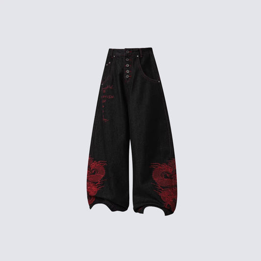 Dragon Embroidery Wide Leg Denim Jeans WN27934