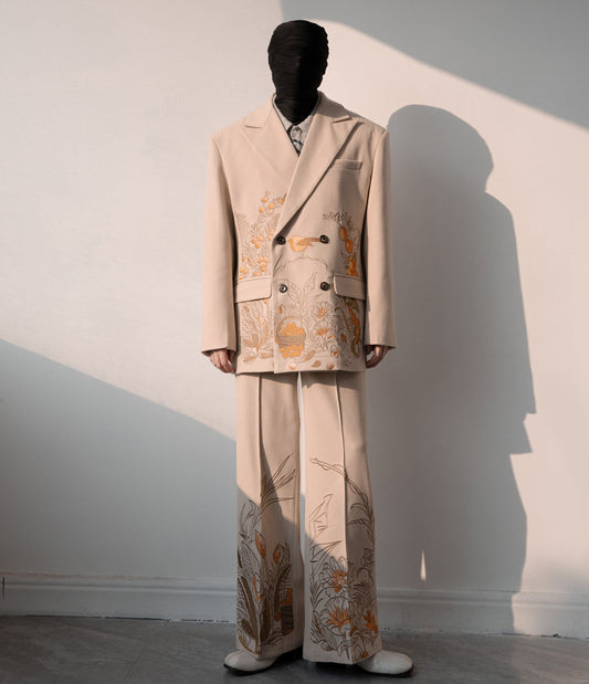 Embroidery Double-Breasted Tailored Jacket & Wide Leg Trousers Setup WN23647
