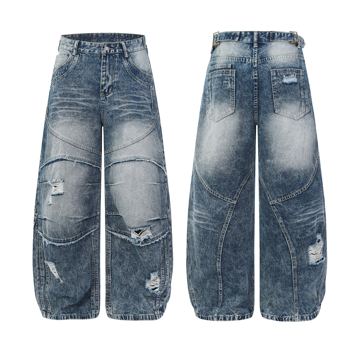 Washed Damage Splice Wide Leg Denim Jeans WN25742