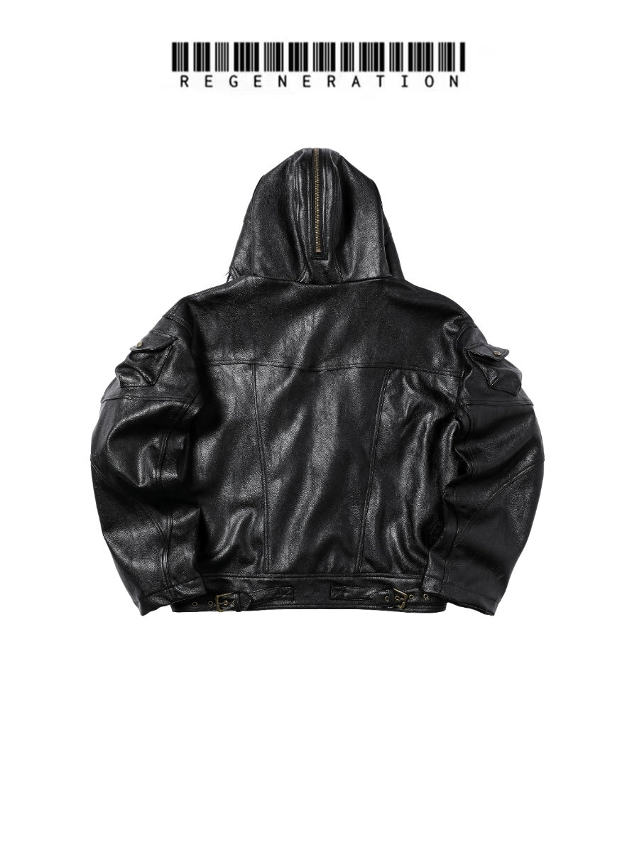 Waxed Crinkle Zipper Detachable Hooded Jacket WN19693
