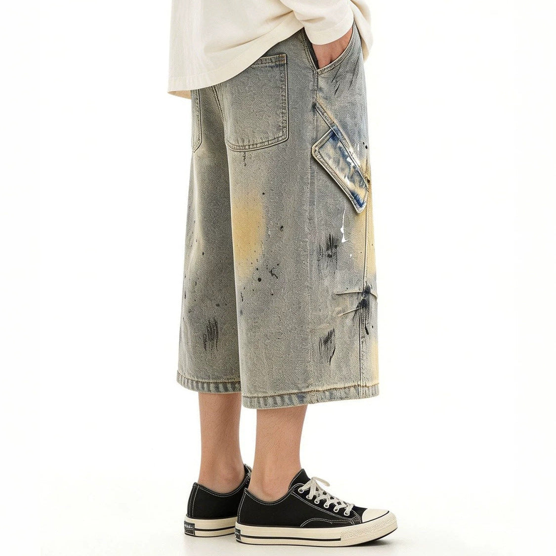 Washed Paint Wide Leg Denim Half Jeans WN27823
