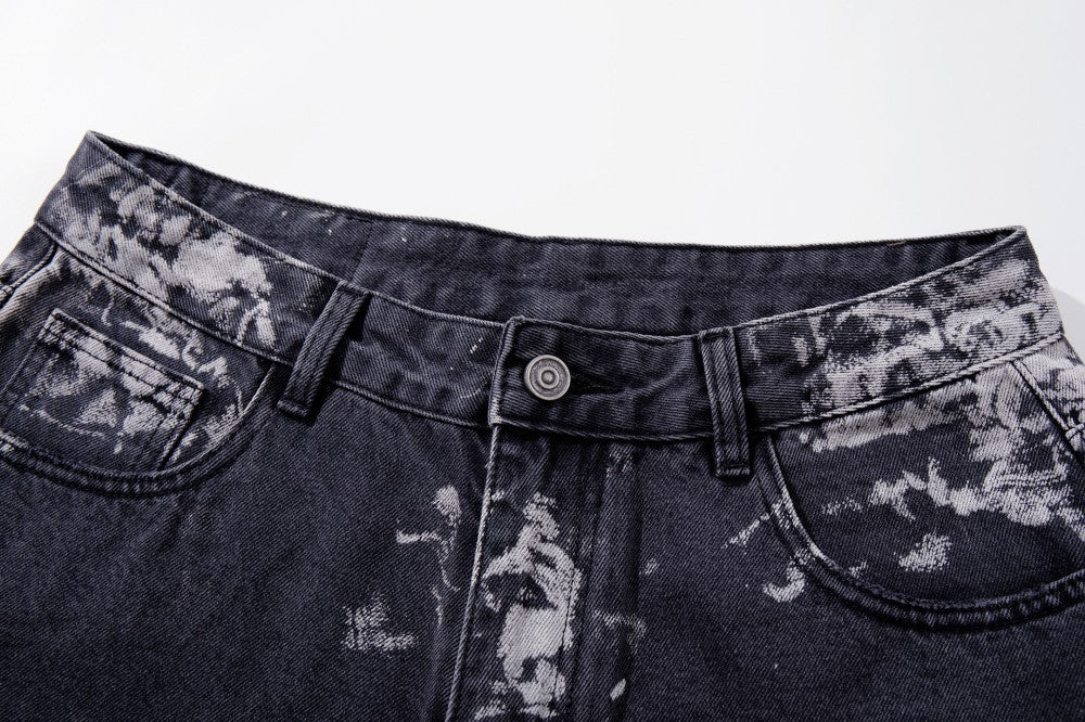 Washed Graphic Print Wide Leg Denim Jeans WN27794