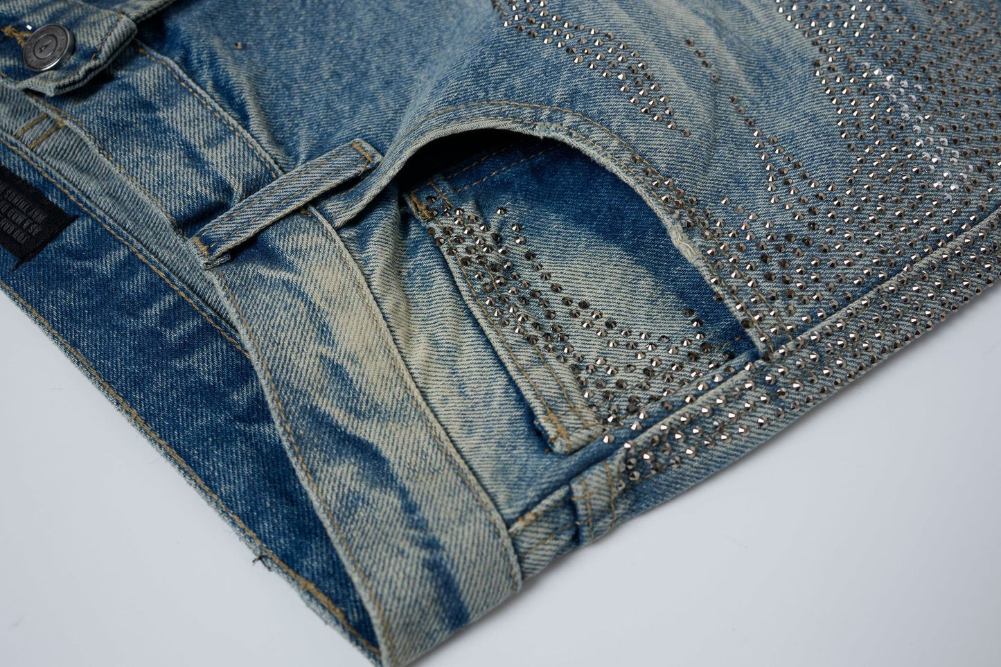 Rhinestone Camouflage Wash Denim Half Pants WN25558