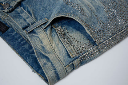 Rhinestone Camouflage Wash Denim Half Pants WN25558